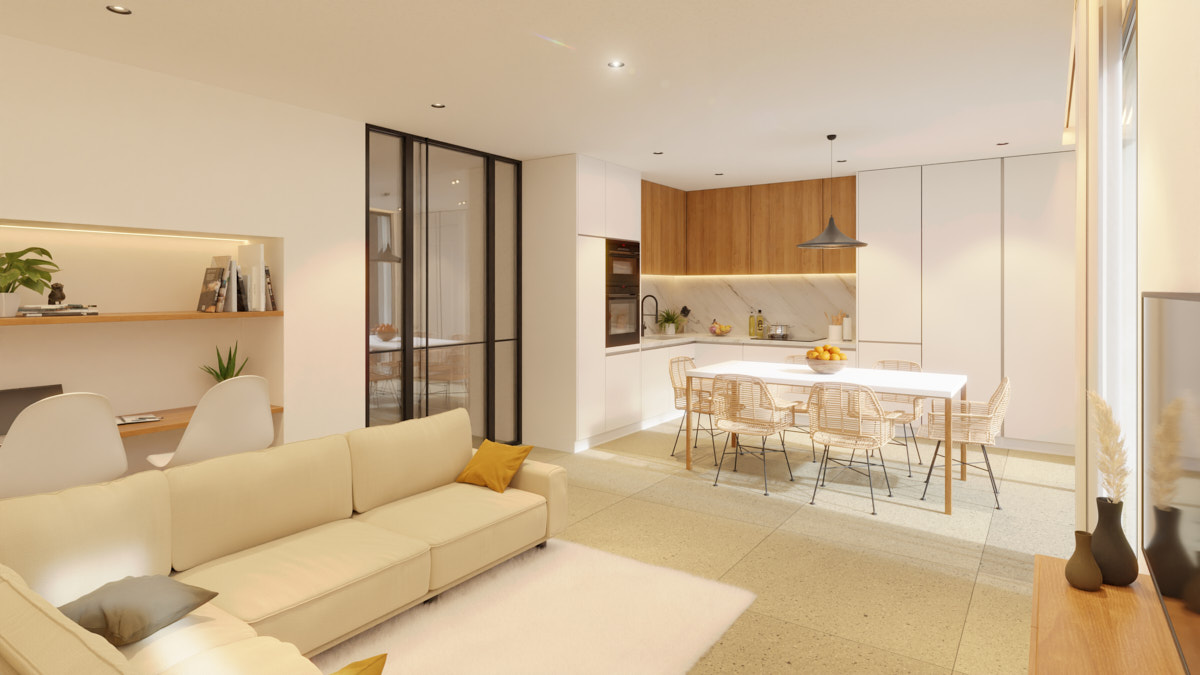 Salón/Cocina con Estilo Minimalista y Luminosidad Nuba Arquitectura